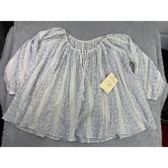 True Religion Womens Boho Top S Blue & White Trellis Print With Princess Seams - Picture 13 of 16